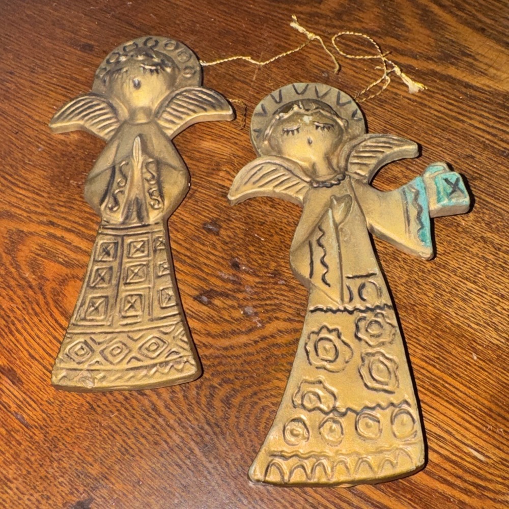 2 Vintage 60s MCM Gold Plastic Angel Christmas Ornaments Singing Choir Hong Kong
